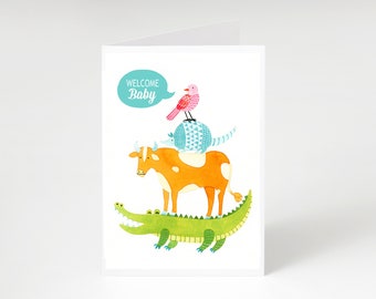 Hello Baby Stacked Animals Baby Shower Greeting Card