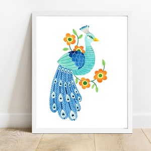 Turquoise Peacock Watercolor Illustration Art Print