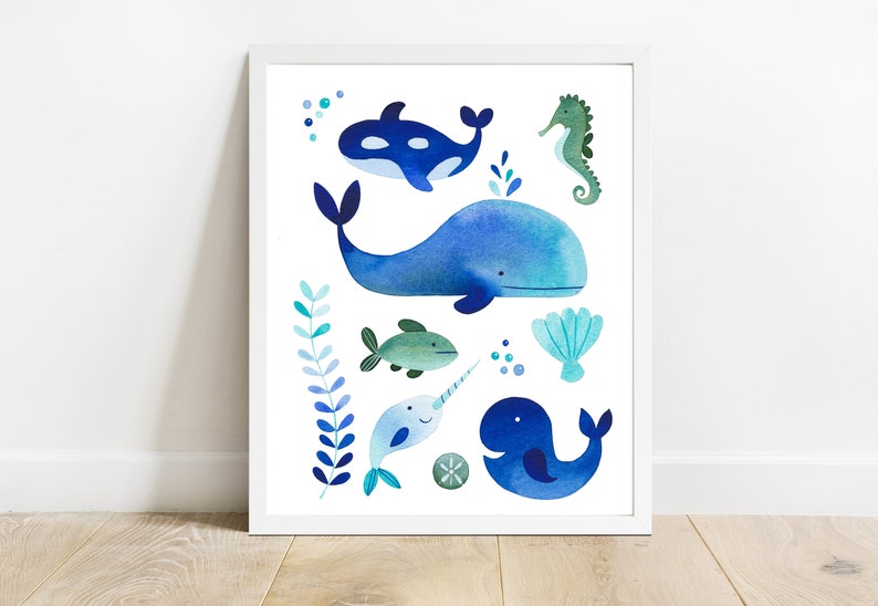 Ocean Creatures Print of Watercolor Painting Art image 1