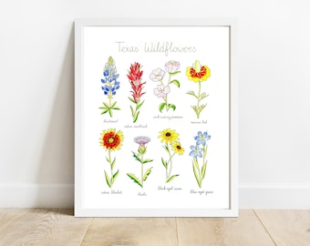 May include: A white framed print with the title "Texas Wildflowers" and illustrations of 10 different wildflowers with their names listed below each flower. The flowers include bluebonnet, Indian paintbrush, pink evening primrose, Mexican hat, Indian blanket, thistle, black-eyed Susan, blue-eyed grass, and two others.