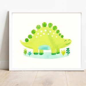 Bright Green Dinosaur Watercolor Illustration Print