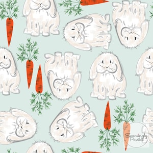 Op de afbeelding: Een naadloos patroon met witte konijnen en oranje wortels op een lichtblauwe achtergrond. De konijnen zijn getekend in een eenvoudige, cartoonachtige stijl en worden in verschillende poses getoond. De wortels zijn ook getekend in een eenvoudige stijl en hebben groene toppen.