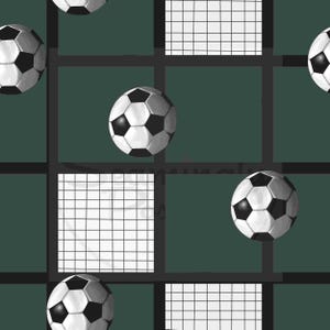 May include: Seamless pattern featuring soccer balls in a repeating design. The balls are white with black pentagons, set against a dark green background with a grid pattern. The design is suitable for sports-themed products.