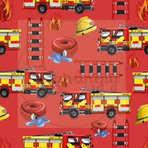 May include: A repeating pattern on a red background featuring illustrations of fire trucks, ladders, fire hoses with water, flames, and yellow fire helmets. The fire trucks are red and yellow.