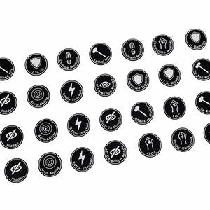 May include: A collection of circular black game tokens featuring white icons and text labels. The set includes various status markers such as Sustained Hits, To Hit, Charge Modifier, Lethal Hits, Movement Modifier, Leadership, Damage, Aura, Battle-Shocked, Detection Range, Defensive Modifier, To Wound, Re-Roll, Hidden, Gone To Ground, Offensive Modifier, OC, Sticky Objective, and Lone Op.