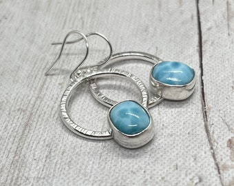 Contemporary larimar silver earrings, dangles, everyday wear, gift for her, gift for wife, 30th birthday gift, 60th birthday, 50th