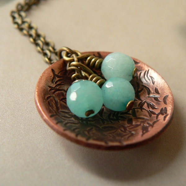 Copper Aquamarine Necklace, metalwork pendant with gemstones, winter colours