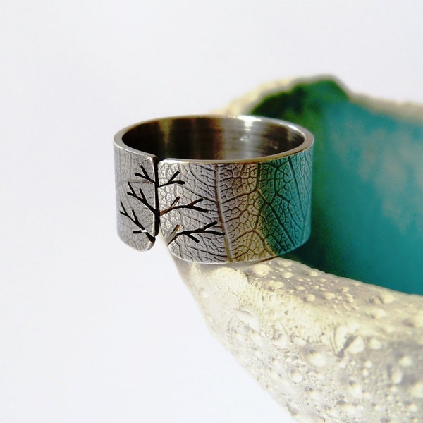 Silver ring, textured autumn tree ring, wide band, metalwork, graduation, Christmas gift, birthday present, gift for mother