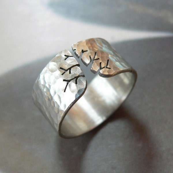 Christmas SALE 15% Autumn tree ring, rustic silver ring, hammered ring, metalwork jewelry