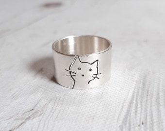 Anel de prata esterlina perfurado à mão com desenho de gato, faixa fosca para gatinhos, joia personalizada para animais de estimação.