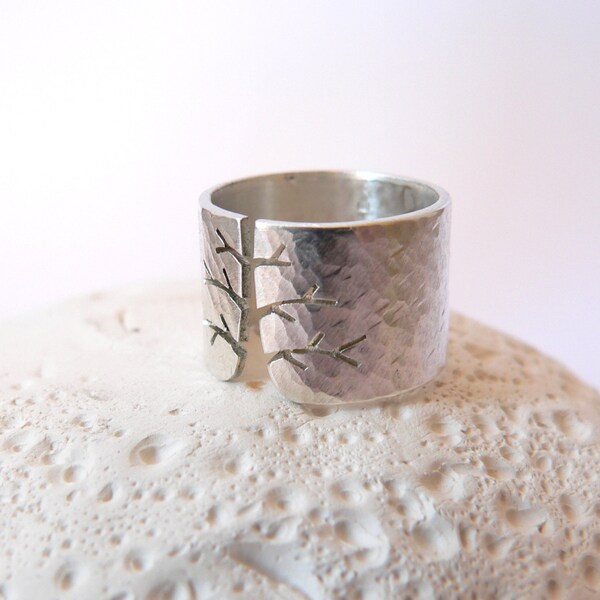 Autumn tree ring, rustic hammered Sterling silver ring, wide band ring, metalwork jewelry