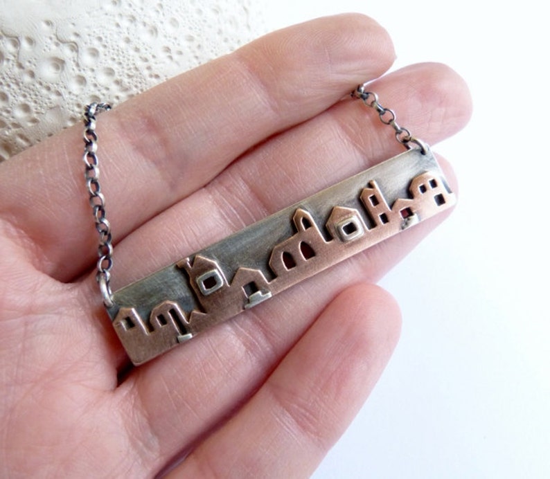 Houses necklace Sterling silver and copper metalwork pendant Etsy