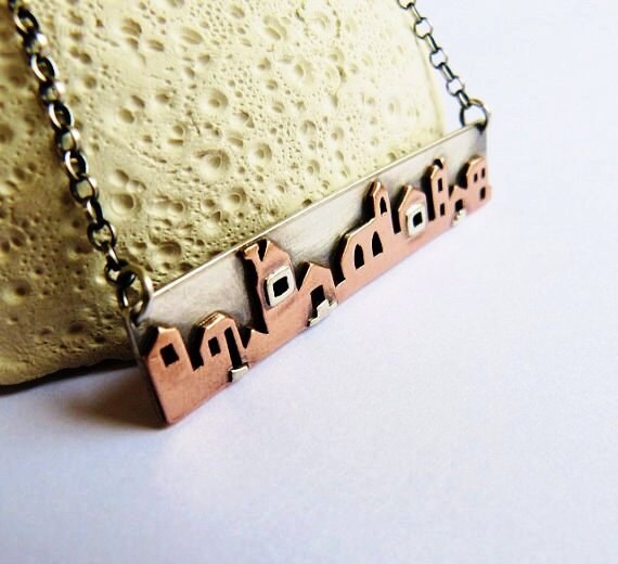 Houses necklace Sterling silver and copper metalwork pendant Etsy
