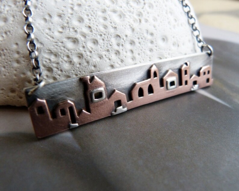 Houses necklace Sterling silver and copper metalwork pendant Etsy