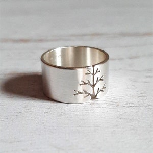 Zilveren boomring vrouwen, natuurring voor vrouwen, sterlingzilveren ring mannen, jubileumcadeaus voor mannen, ring met brede band