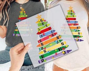 Christmas Crayon Tree Light DTF Transfer for Ready to Press, Teacher Christmas Ready to Apply for Heat Press, DTF Prints, Shirt Transfer