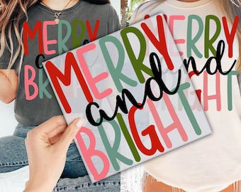 Merry And Bright DTF Transfer for Ready to Press, Christmas Quote Ready to Apply for Heat Press, Retro Christmas DTF Prints, Direct To Film