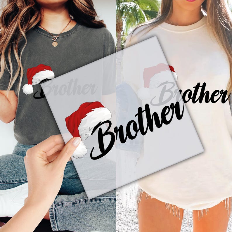 May include: Two t-shirts, one dark grey and one cream, each with a Santa hat graphic and the word "Brother" in a script font. The Santa hats are red with white trim and a white pom-pom. Casual wear for the festive season.
