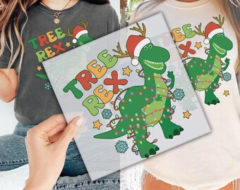 Christmas Tree Rex DTF Transfer for Ready to Press, Christmas Dinosaur Light Ready to Apply for Heat Press, Santa Dinosaur DTF Prints
