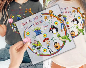 Transferencia DTF "Tienes un amigo en mí" para prensar, "Vacaciones familiares listas para aplicar para prensa de calor", "Personajes de Toy Story de Disney"