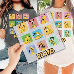 May include: Two t-shirts, one gray and one cream, featuring a Pluto cartoon design. The design includes multiple Pluto images in colorful squares. A hand holds a Pluto-themed print. The word "PLUTO" is printed on the print.