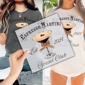 May include: Two women wearing gray and white t-shirts with the text "Espresso Martini Social Club Est. 2024" and a graphic of a martini glass with coffee beans.