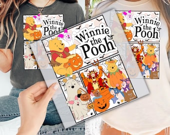 May include: A gray t-shirt and a cream-colored t-shirt featuring a colorful graphic of Winnie the Pooh characters in Halloween costumes. The graphic includes the text "Winnie the Pooh" in a black and white design, with pumpkins and bats.