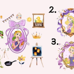 May include: Watercolor illustrations of Rapunzel-themed elements. Includes Rapunzel portraits in ornate frames, a tower, lanterns, a chameleon, a crown, and a painting of floating lanterns. The color palette features purples, yellows, and greens.