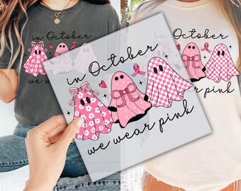 In October We Wear Pink Ghost DTF Transfer for Ready to Press, Breast Cancer Awareness Ready to Apply for Heat Press, Pink Bow DTF Prints