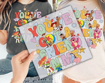 Transferencia DTF "Tienes un amigo en mí" para prensar, "Vacaciones familiares listas para aplicar para prensa de calor", "Personajes de Toy Story de Disney"