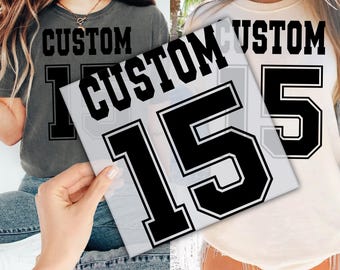 Transferencia DTF con nombre y número de camiseta personalizada, lista para prensar, camiseta deportiva personalizada, lista para aplicar en prensa de calor, número personalizado DTF