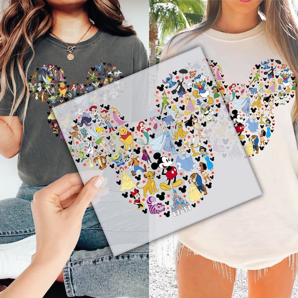 All Disney Characters Inside Mickey Head DTF Transfer for Ready to Press, Disney Characters Collage Ready to Apply for Heat Press, DTF Print