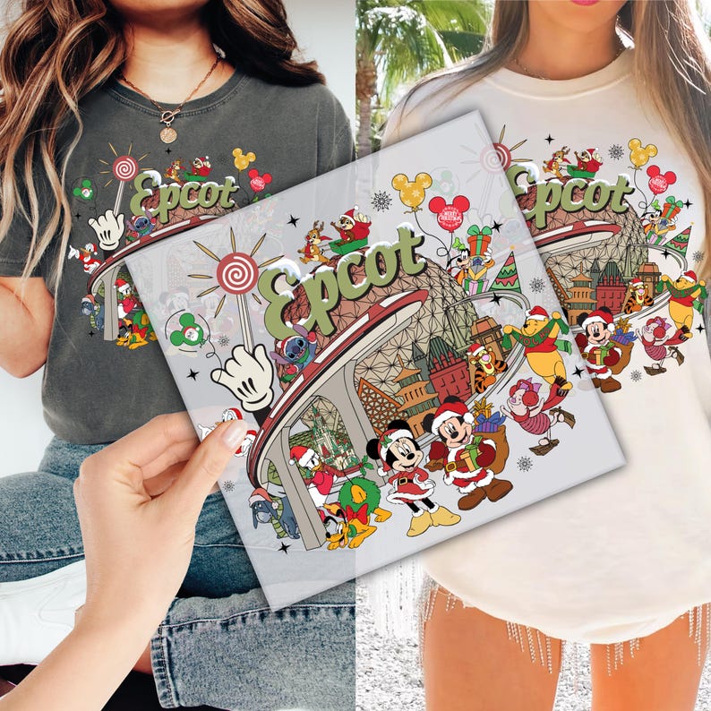 The image is a collage of two photos. In the left photo, a person is holding up a picture of a Disney-themed t-shirt featuring various Disney characters and elements. In the right photo, a person is wearing a white t-shirt with a similar Disney-themed design.