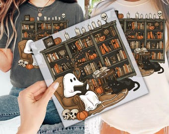 Libros de lectura de fantasmas retro listos para prensar, transferencia DTF de Halloween de fantasmas de bibliotecarios para prensar, impresiones DTF de Halloween