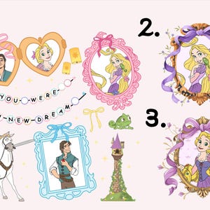 May include: A collection of illustrations featuring characters from a fairytale. Includes framed portraits of a blonde woman, a man, and a green chameleon. Decorative elements include bows, lanterns, and text that reads "YOU WERE MY NEW DREAM."