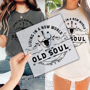 May include: Black and white graphic design with a skull and crossbones, guitar, and the text "Living in a new world with an old soul".