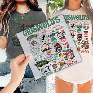 May include: Two t-shirts, one gray and one cream, each featuring a graphic design with the text "Griswold's Family Christmas." The design includes various holiday-themed illustrations and phrases, creating a festive theme.