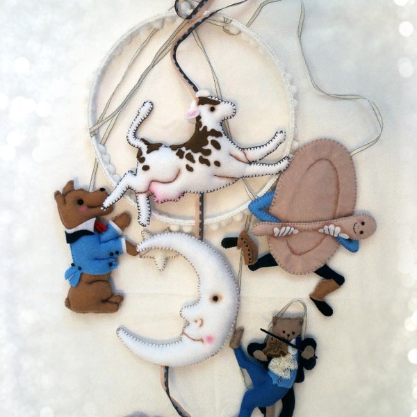 Nursery Mobile - Hey Diddle Diddle in blues with brown spotted cow
