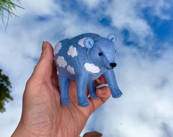 Cloudy blue sky wool felt bear, Hand embroidered soft sculpture