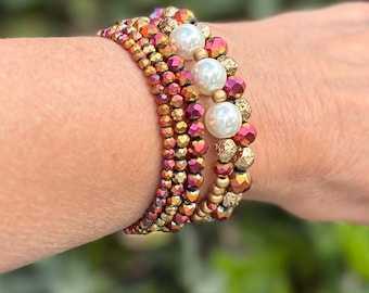 Rose Bead and Glass Pearl Stretch Bracelet Set: Crystal, Gold Seed Beads Stack