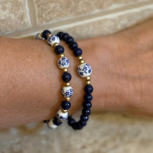 Toile Bracelet Set Navy Beaded Women Ceramic Floral Stretch Jewelry Gold Accent Handmade Lapis Lazuli Blue White Stackable Bangle Gift