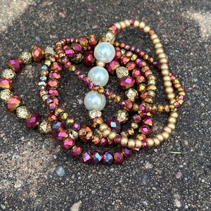 Gold Beaded Bracelet Stack Set Crystal Beaded Stretch Jewelry Pearl Stretch Wrist Accessory Boho Chic Arm Stack Burgundy Bracelet Gift Men