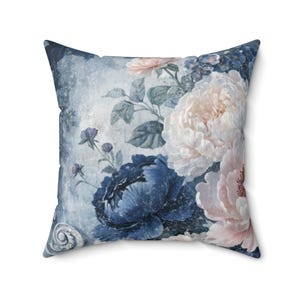 Blue Floral Pillow Vintage Botanical Throw Cushion Square Peony Rose Watercolor Cottage Living Room Accent Decorative Farmhouse Bedroom Cozy