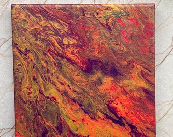 May include: Abstract painting on canvas with swirling patterns in shades of orange, yellow, purple, and brown.