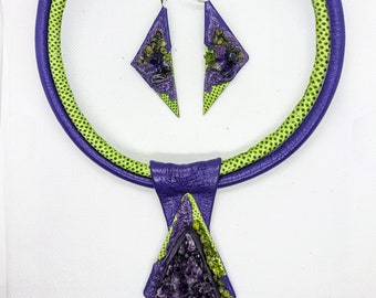 Purple green real leather snakeskin necklace earrings Amethyst Peridot maxi statement bib necklace choker women collar big chunky.