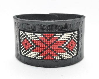 Leather tooled bracelet , woven beaded cuff, weaving miyuki beads, gift for women, genuine real leather, black, red, silver, jewelry.