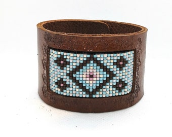 Leather tooled bracelet , woven beaded cuff, weaving miyuki beads, gift for women, genuine real leather, brown, turquoise jewelry, cowgirl