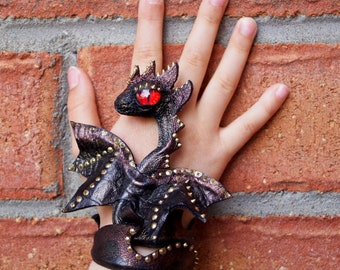 Handmade leather bracelet. Fantasy Dragon Cuff , Black adjustable leather Dragon Bracelet, for Kids, for Girl, Boy, Gothic Bracelet.
