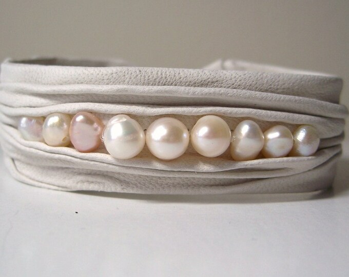 Creamy White Leather Cuff Bracelet With Pearl Etsy