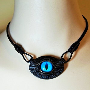 Black leather necklace pendant dragon eye. Leather bib necklace evil eye. Gothic fashion. Halloween fantasy necklace. Men Women necklace. image 1